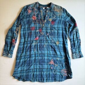 Johnny Was Workshop | Women’s XS, Embroidered‎ Blue Plaid Tunic